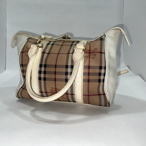 BURBERRY HAYMARKET PATENT COLOURS MEDIUM CHATTON CHECK TOTE WHITE - Picture 2 of 16
